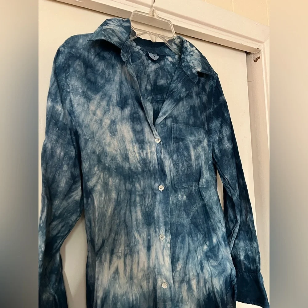 ARKET Indigo Tie-Dye Linen Button Down Blouse Relaxed Fit